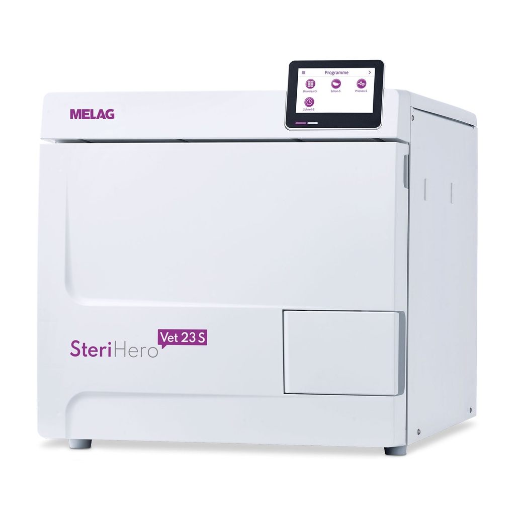 MELAG SteriHero Vet 23 S, autoclave de classe S avec support A Plus et trois plateaux (42 x 19 cm)