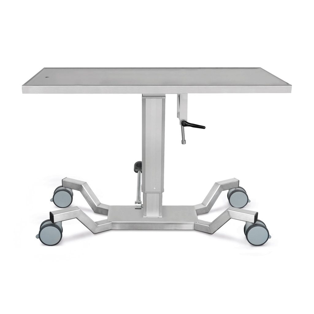 Table d'opération et de traitement mobile avec colonne élévatrice pompe-hydraulique, 60 x 130 cm, plateau CNS avec dispositif de basculement et structure en X avec 4 rouleaux doubles