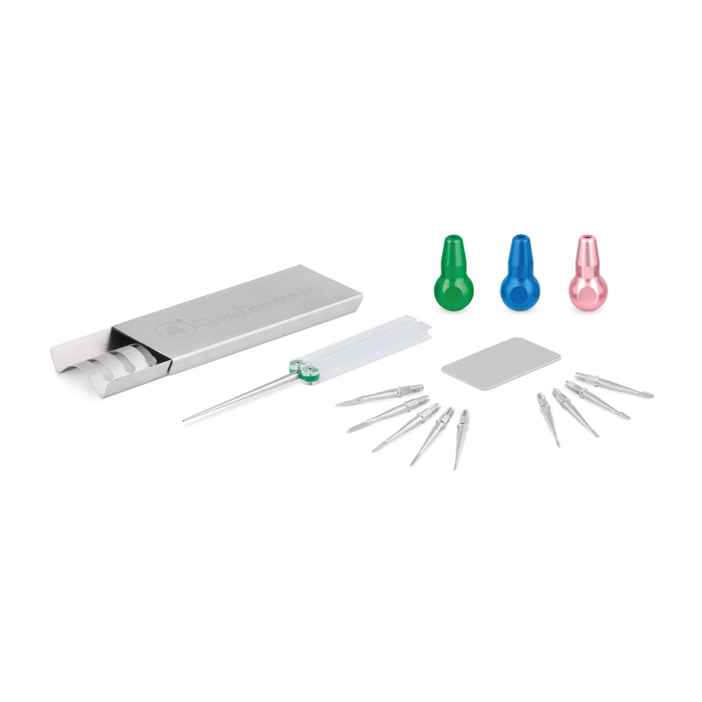 DENTANOMIC Set – Silber, bestehend aus 3 Standard Handgriffen (grün, blau und rosa) + Elevator- und Luxator-Klingen Set (9 Stück) + Aufbewahrungsrack + Schleifset