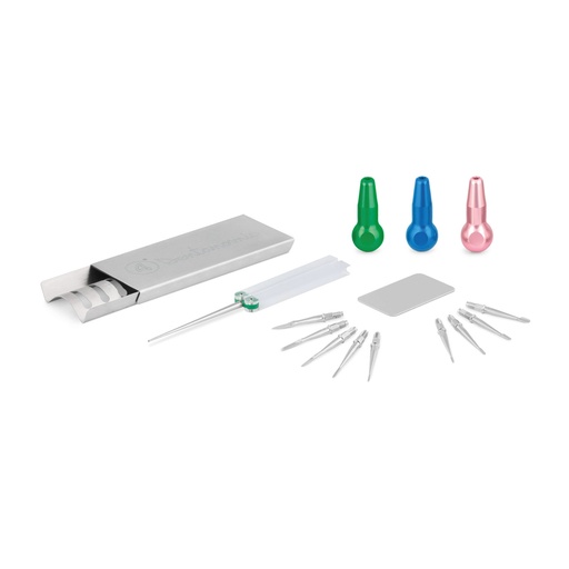 [175061] DENTANOMIC Set – Silber, bestehend aus 3 langen Handgriffen (grün, blau und rosa) + Elevator- und Luxator-Klingen Set (9 Stück) + Aufbewahrungsrack + Schleifset