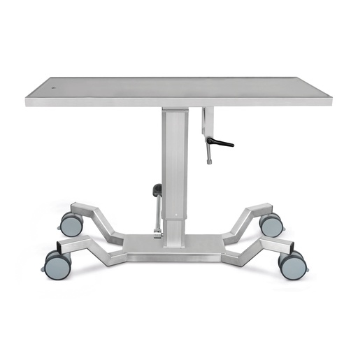 [601420] Table d'opération et de traitement mobile avec colonne élévatrice pompe-hydraulique, 50 x 130 cm, plateau CNS avec dispositif de basculement et base en X avec 4 rouleaux doubles